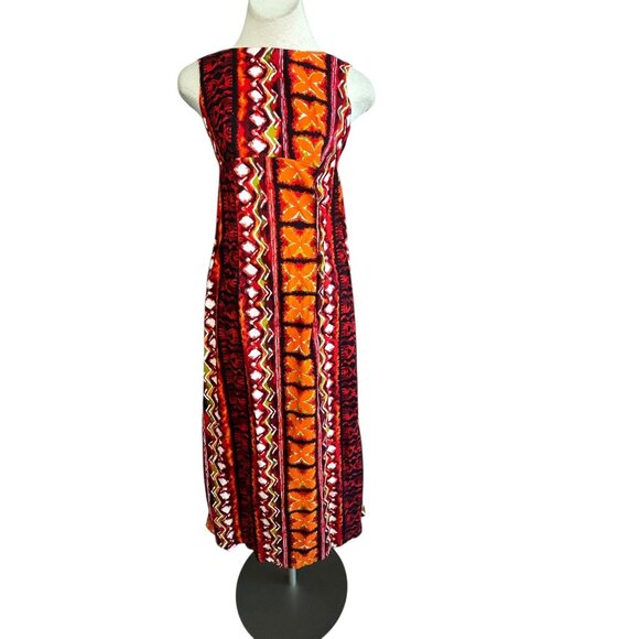 Ui-Maikai Hawaiian Vintage Orange Tribal Print Barkcloth Maxi Dress XS - Picture 2 of 8